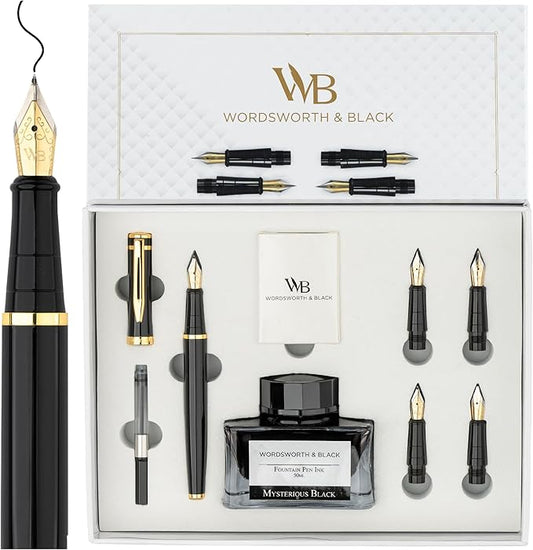 Wordsworth & Black Fountain Pen Gift Set, Includes Bottle, 6 Cartridges, Refill Converter, 4 Replacement Nibs, Premium Package, Journaling, Calligraphy, Smooth Writing Pens [Black Gold]