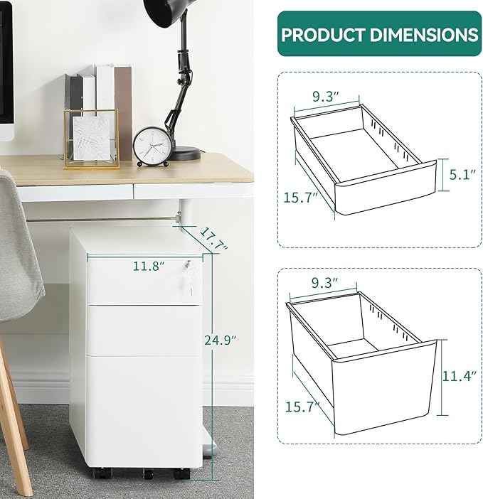 YITAHOME 3 Drawer File Cabinet, Mobile Filing Cabinet for Home Office, Metal Slim File Cabinet Drawers with Keys, Pre-Built Office Storage Cabinet for A4/Letter/Legal (White)