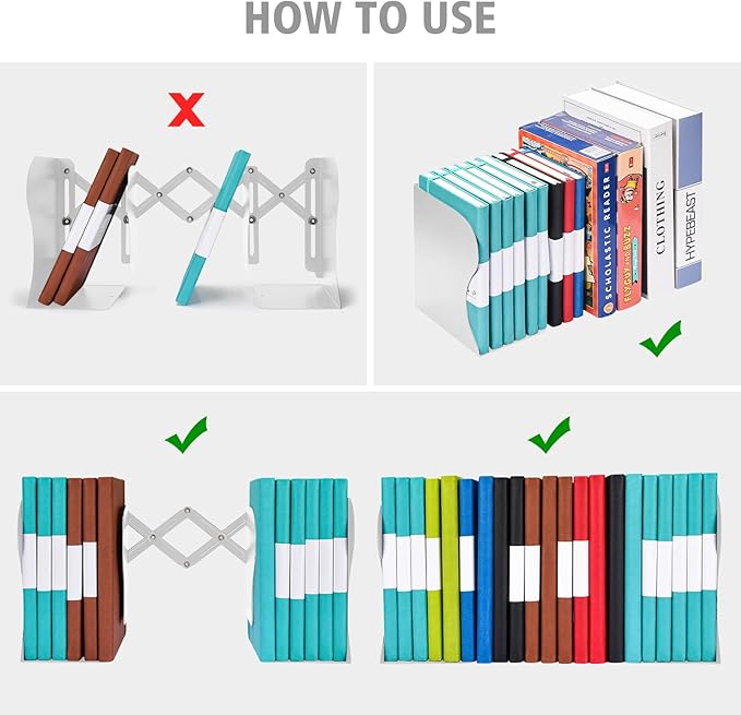 OMEYA 2PCS Adjustable Metal Bookends, Heavy Duty, 2 Dividers, Nonslip, Extends up to 19 inches (White)
