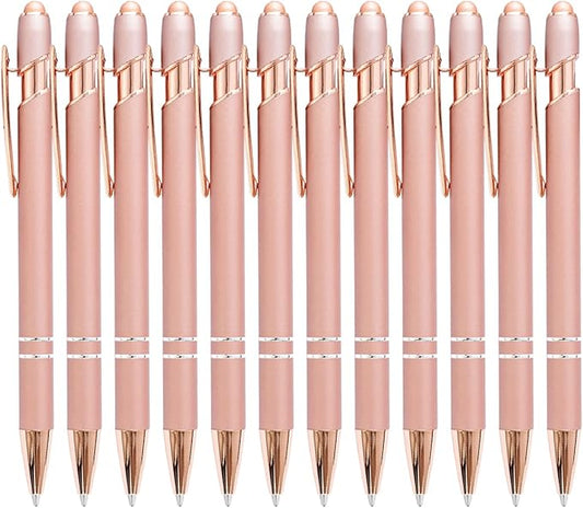 PASISIBICK 12 Pieces Rose Gold Ballpoint Pen with Stylus Tip, 2 in 1 Rose Gold Stylus Pens Stylish Pen, Metal Stylus Pen for Touch Screens, 1.0 mm Black Ink(Pack of 12)
