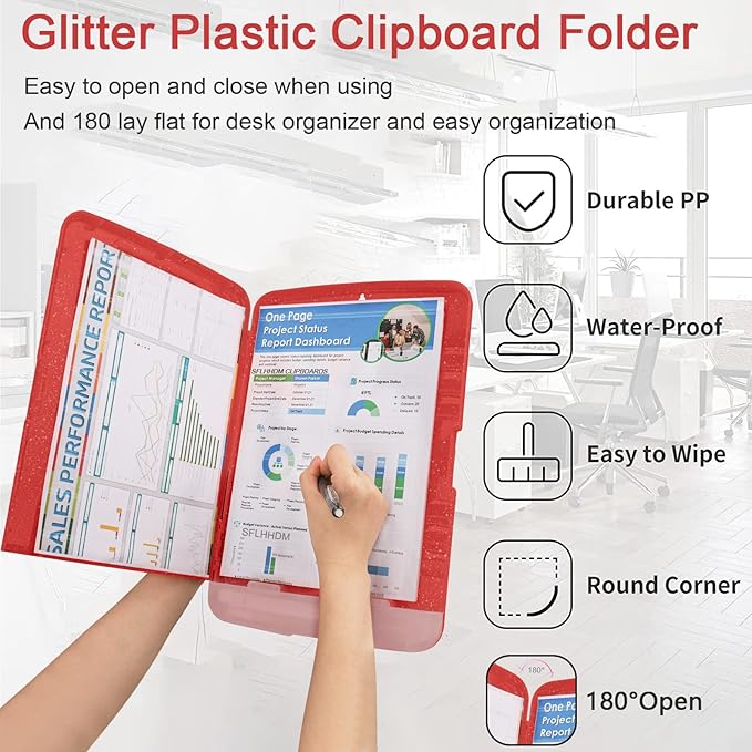 Glitter Clipboard with Storage,Storage Clipboard with Pen Holder,A4 Binder Clip Boards 8.5x11 with Low Profile Clip,Side Opening Sparkle Clipboards, Clipboards Folder for Office Supplies-Red