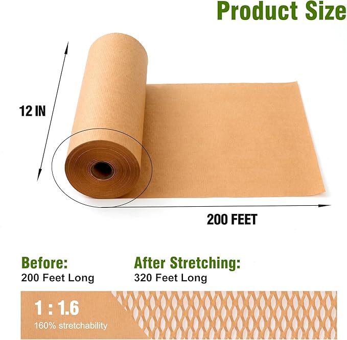 Honeycomb Packing Paper 12" Width X 200 FT for Moving Glass Dishes Recyclable Wrapping Paper Bubble Wrap Packing Material for Shipping Fragile Items Shipping Filler with 20 Fragile Stickers