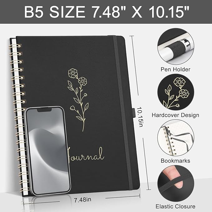 EMSHOI B5 Graph Grid Notebook -140 Pages 100GSM Grid Paper, Vegan Leather Floral Cover with Spiral Binding for Engineering, Bullet Journaling, School & Work - Includes Ruler, Pockets & Stickers -Black
