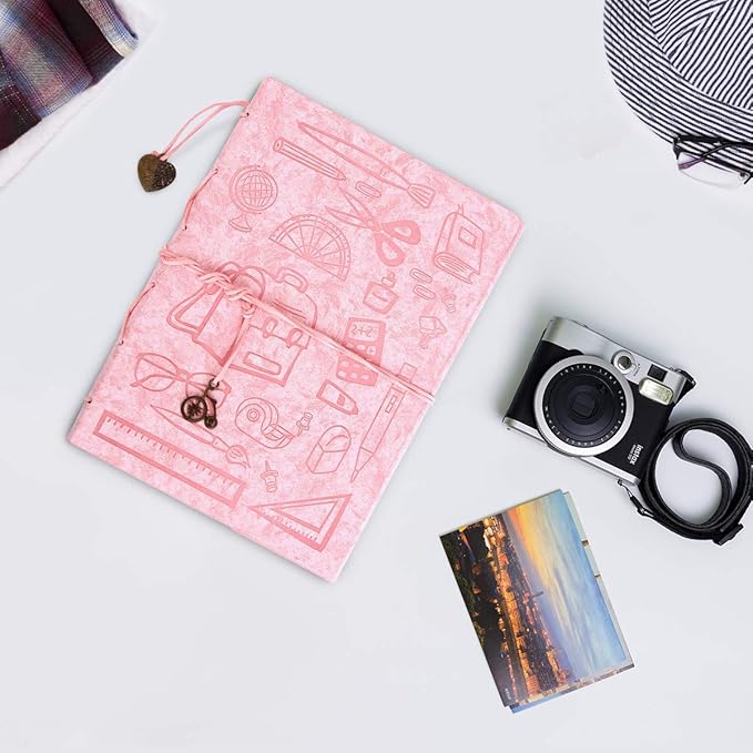 ThxMadam Leather Pink Scrapbook Album with 60 Pages Present Scrapbooking Supplies Kits for Birthday Day Gift for Teacher Student Kids Friend Travelling Scrapbook Family Scrap Book