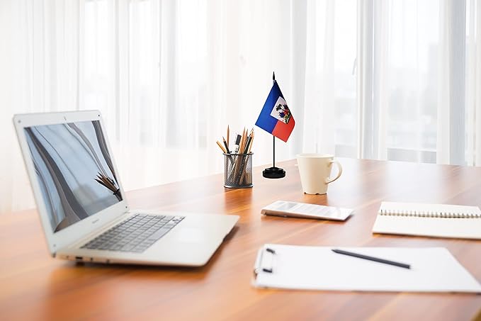 Haiti Flags Haitian Desk Flags Set Small Mini Haiti Flags Table Flag with 13" Black Pole, Black Base and Spear Top, Miniature Haitian Deluxe Desktop Flag, Home Decoration, Office Decoration, Festival