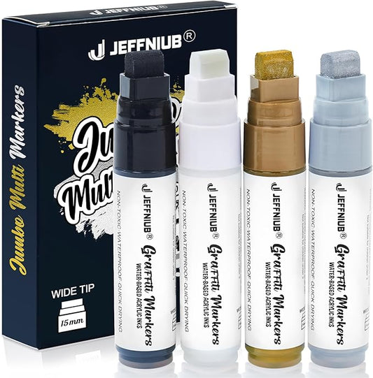 Paint Markers White/Black/Gold/Silver, 4Pcs Jumbo Acrylic Paint Markers Fat Wide Nibs 15mm, Acrylic Paint Pens for Stone, Metal, Wood, Glass, Canvas, Posters Supplies
