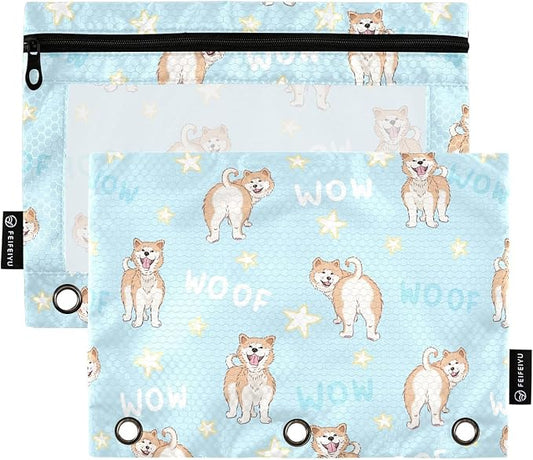 ZAZYXTJ Akita Binder Pencil Pouchs 3 Ring with Zipper Clear Window Office Organizers bag for School Students Teacher Supplies 2 Pack