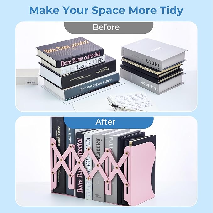 M&G Adjustable Bookends Book Ends for Shelves, Metal Bookend for Heavy Books, Desk Magazine File Organizer Holder Extends up to 20in, Book Stopper for Home, Office, Classroom (Pink)