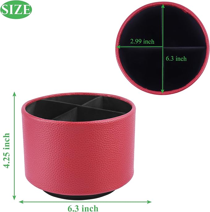 Hennaja Round Leather Art Supply Organizer,Remote Control Holder,360 Degree Spinning,Multi-Functional Pencil Holder,4 Compartments Desktop Stationary Organizer(1-Lichee Red)