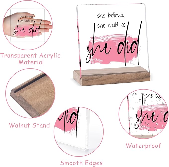 Inspirational Gifts for Women Friends - Motivational Gifts,Promotion Gifts New Job Gifts for Women Congratulations Gifts, 4" Acrylic Plaque - "She Believed She Could So She Did" Home Office Desk Decor