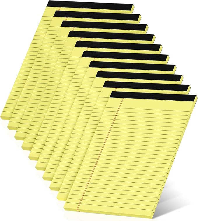 10 Pack Yellow Legal Pads 5x8 Small Note Pads, Writing Pads for Work, College Ruled Perforated Memo Pad, Desk Notepad with Study Backboard, 30 Sheets Per Pad, 5x8 Legal Pad for Office/School/Home