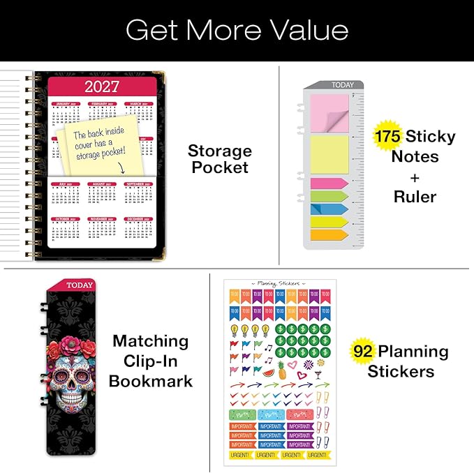 HARDCOVER 2026 Planner, 5.5"x8": 14 Months (November 2025 - December 2026), Daily Weekly Monthly Planner, Yearly Agenda, Bookmark, Pocket Folder and Sticky Note Set (Sugar Skull)