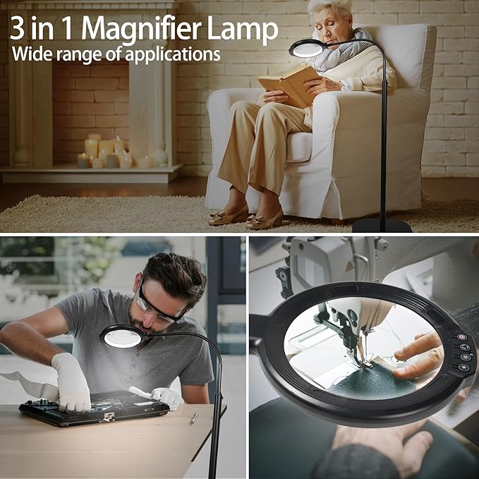 12X Large Magnifying Glass with Light and Floor Stand, Flexible Gooseneck Floor Lamp, 5.2" Lighted Magnifier Hands Free with 5 Color Mode 10 Adjustable Brightness, Clamp for Close Work,Sewing, Repair