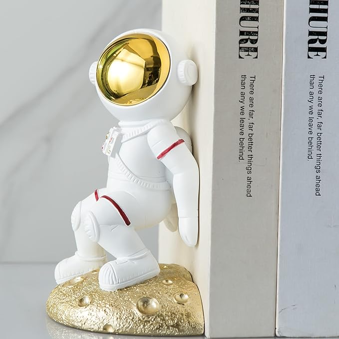Space Theme Bookends for Shelves, Astronaut Moon Book Ends for Kids Room, Decorative Planet Book Stoppers to Hold Books Heavy Duty, Unique Boys and Girls Gift (Gold)