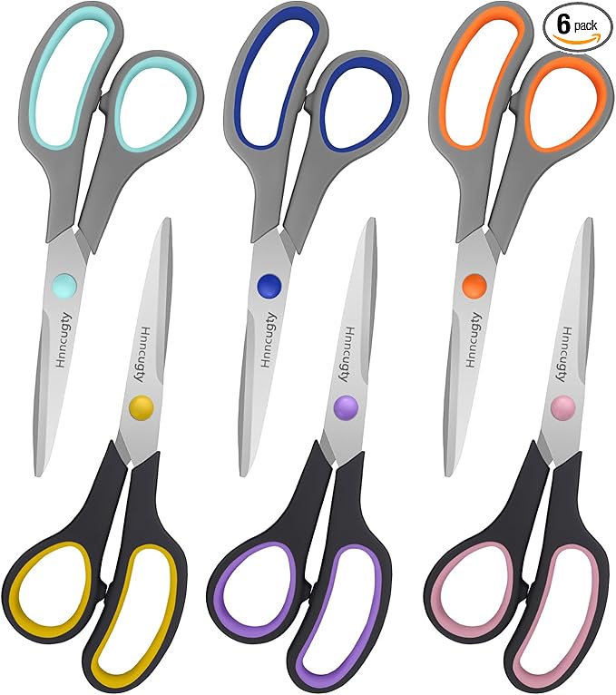 Scissors for Office School Supplies, Hnncugty 8" Scissors All Purpose Bulk Set of 6-Pack, Sharp Shears for Home Craft Sewing Fabric Middle School Student Teacher Supplies, Comfort Right/Left Handed