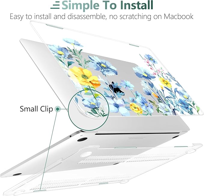 TWOLSKOO Compatible with MacBook Pro 13 inch Case 2023-2016 A2338 M2/M1 A2251 A2289 A2159 A1989 A1706, Plastic Hard Shell Cover & Keyboard Skin & Screen Protector, Blue Flowers