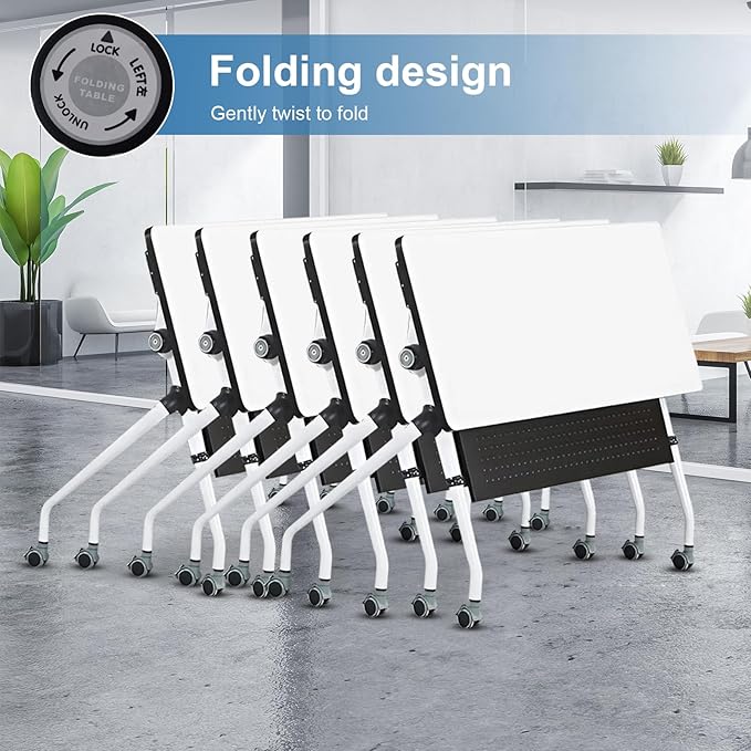 Conference Table, Folding Conference Room Tables, Mobile Training Tables with Silent Wheels, Large Rectangular Modular Seminar Table Office Computer Desks for Classroom White (4Pack L70.9in)