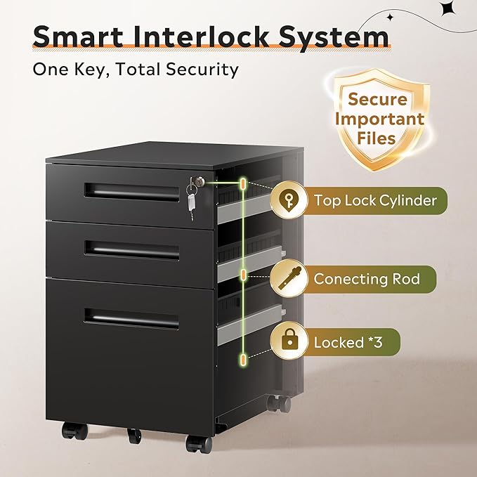 DEVAISE 3-Drawer Metal File Cabinet with Lock, Mobile Filing Cabinet Under Desk for Home Office, Fully Assembled Printer Stand fits A4/F4/Letter/Legal Size, Black, 20" D x 15" W x 24" H