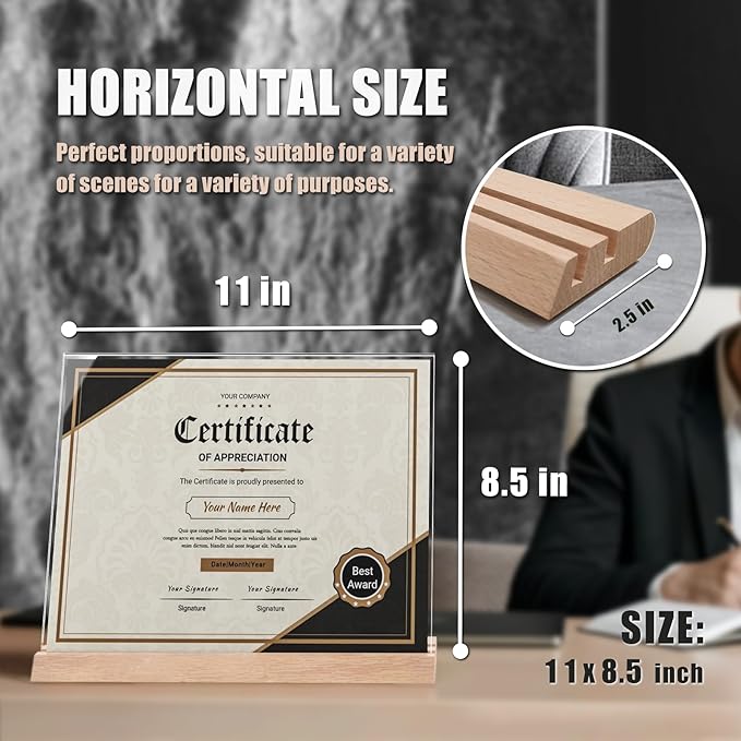 11 x 8.5Horizontal Acrylic Sign Holder with Combined L and T-Shaped Wood Base,High transparency table card stand for Ads, Menu, Picture,Welcome sign or other Flyer(3 packs)