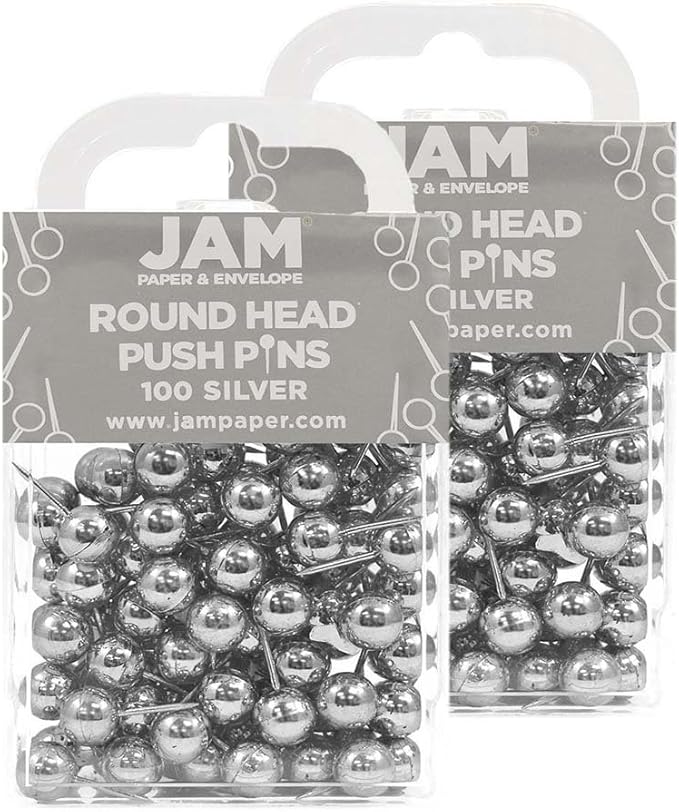 JAM PAPER Colorful Push Pins - Round Head Map Thumb Tacks - Silver Pushpins - 2 Packs of 100