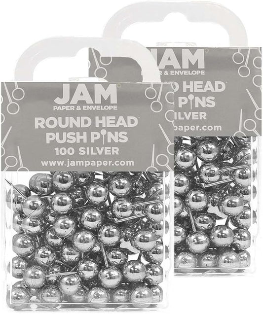JAM PAPER Colorful Push Pins - Round Head Map Thumb Tacks - Silver Pushpins - 2 Packs of 100