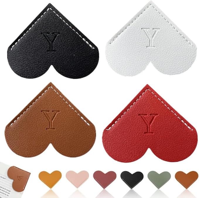 Personalized Leather Heart Bookmark, 26 Letters Customized Corner Book Mark for Reading, Book Holder Markers with Initials Page Book Accessories Cute Gifts (Black+White+Dark Brown+red,Y)