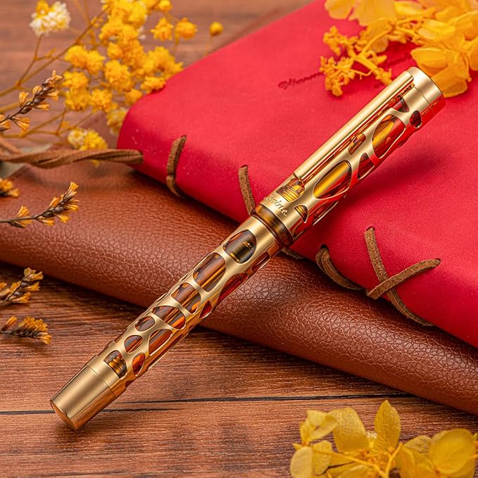 Asvine V169 Vacuum Filling Fountain Pen Extra Fine Nib, Water Drop Skeleton Gold Trim Transparent Coffee Acrylic Pen Case Set
