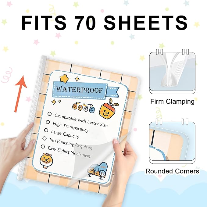 TOTiyea 20 Pack Clear Report Covers with Sliding Bars, 9mm (70 Sheet Capacity) White Sliding Bar File Folders, for Letter Size