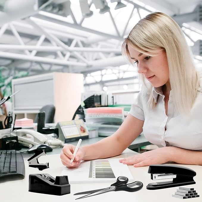 sportsvoutdoors Black Desk Accessories, Black Office Supplies, Stapler and Tape Dispenser Set, Black Desk Accessory Kit, Gift for Students, Women, Coworkers, Boss Lady, Office Clerks