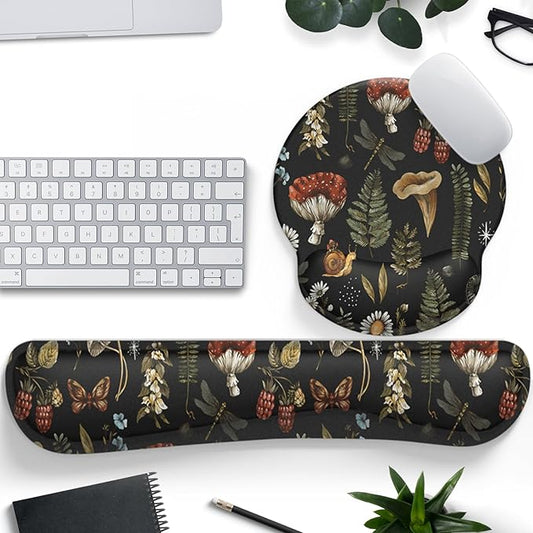 Plant Mushroom Mouse Pad Black Aesthetic Ergonomic Desk Pad Wrist Support Keyboard Wrist Rest Set, Mouse Pad with Non-Slip Pu for Office Comfortable Mouse Wrist Rest for Easy Typing & Pain Relief.