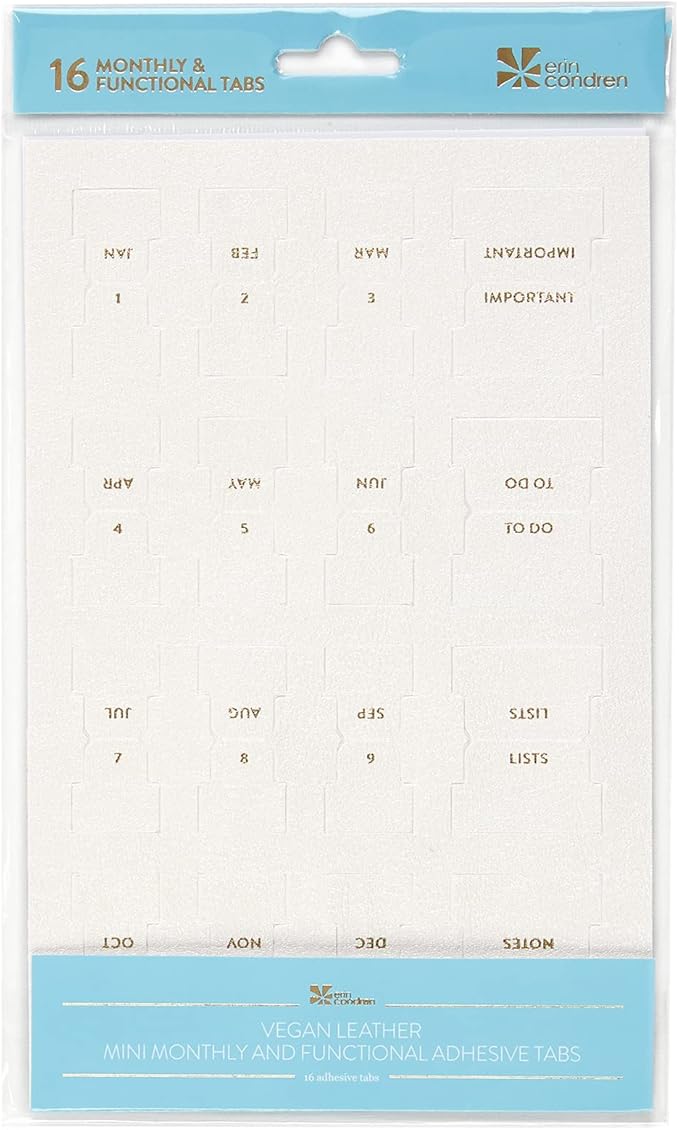 Erin Condren Vegan Leather Monthly Adhesive Tabs, Functional Planner Tabs for Organization, Sticky Index Page Markers, Journal and Notebook Accessories, Ivory + Gold