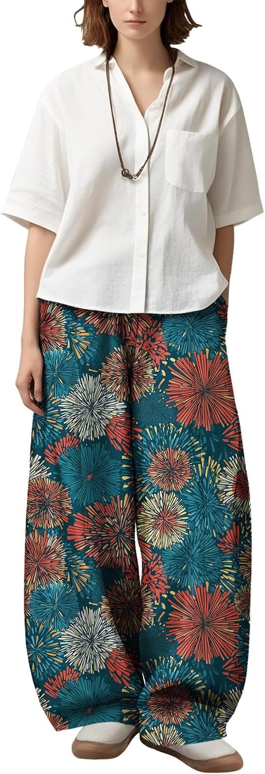 Zaswen Women's Oversize Loose Fit Breathable Pants Wide Leg Lounge Pants Fashion Casual Fireworks Print Trousers with Pockets
