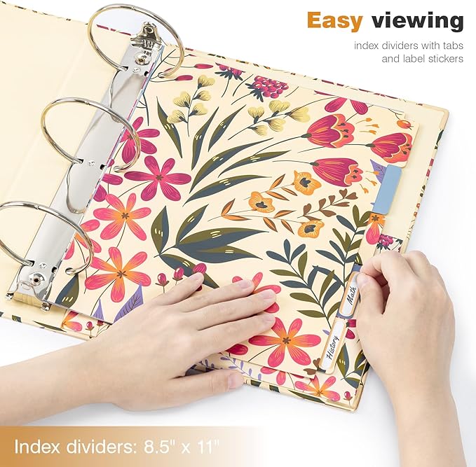 Ospelelf 3 Ring Binder for Letter Size Paper with 5 Tab Dividers, 3 Inch Ring, 4.4 Inch Spine, Floral Binder with Clip for School and Office Supplies
