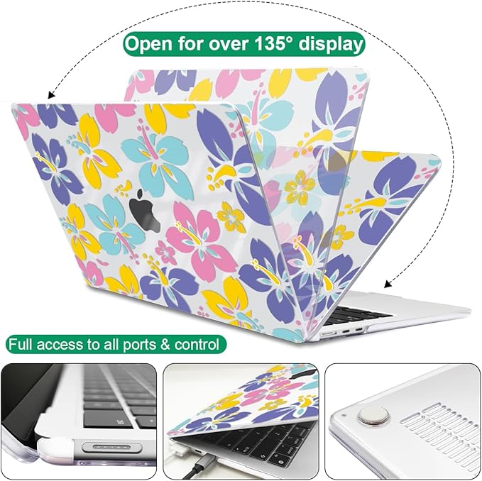 for MacBook Air 13.6 inch Case 2025 M4 A3240 2024 M3 A3113 2022 2023 A2681 M2 Chip, Crystal Plastic Pattern Hard Shell Case Cover for Mac Air 13 M4 2025 Touch ID, Colorful Hibiscus Flower