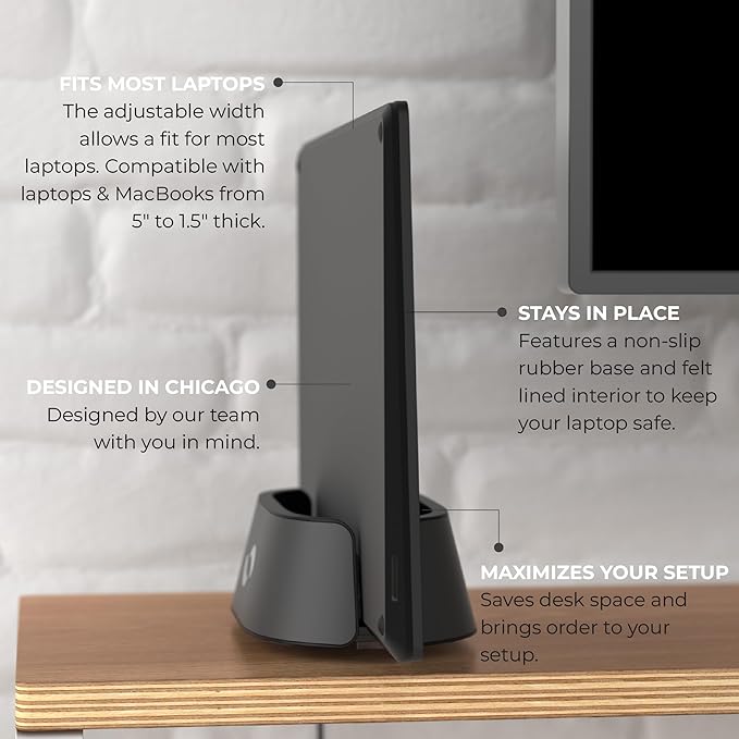 HumanCentric Vertical Laptop Stand in Black Aluminum, Upright Adjustable Holder and Dock, Laptop Vertical Stand Fits MacBook Pro and Other Laptops .5" to 1.5", Clamshell Compatible