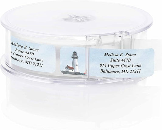 Lighthouse Designer Rolled Name & Address Labels with Elegant Plastic Dispenser