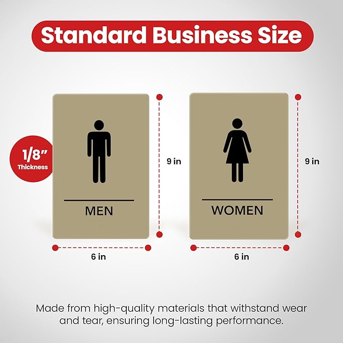 Promot Men and Women Restroom Sign – ADA Braille Bathroom Sign for Business, Self-Adhesive, 9" x 6", Commercial Door Signage, Office Wall Decor - Taupe