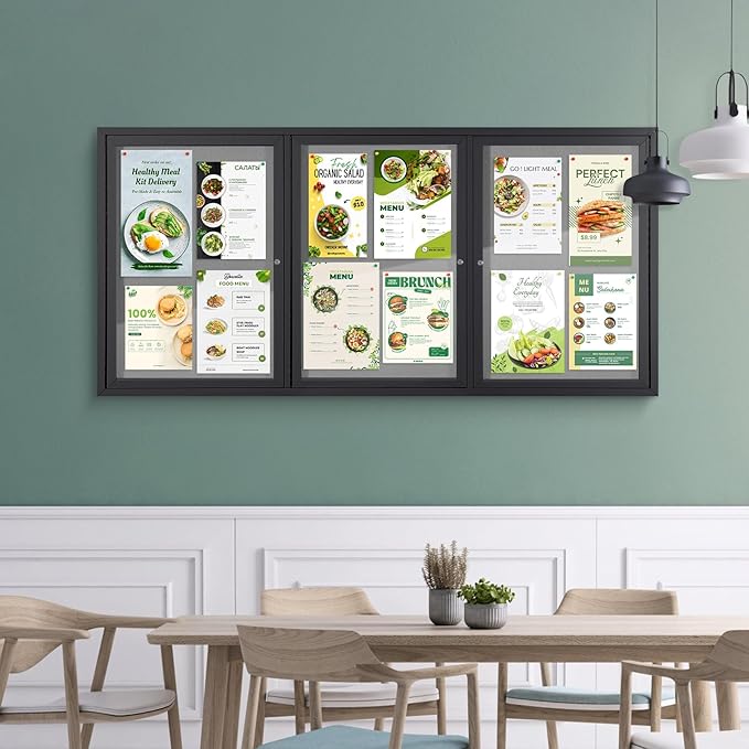 SWANCROWN Outdoor Bulletin Board 70x36in, Enclosed Bulletin Board with Locking Door for Office School Commerce, Grey Felt, Black Aluminum Frame