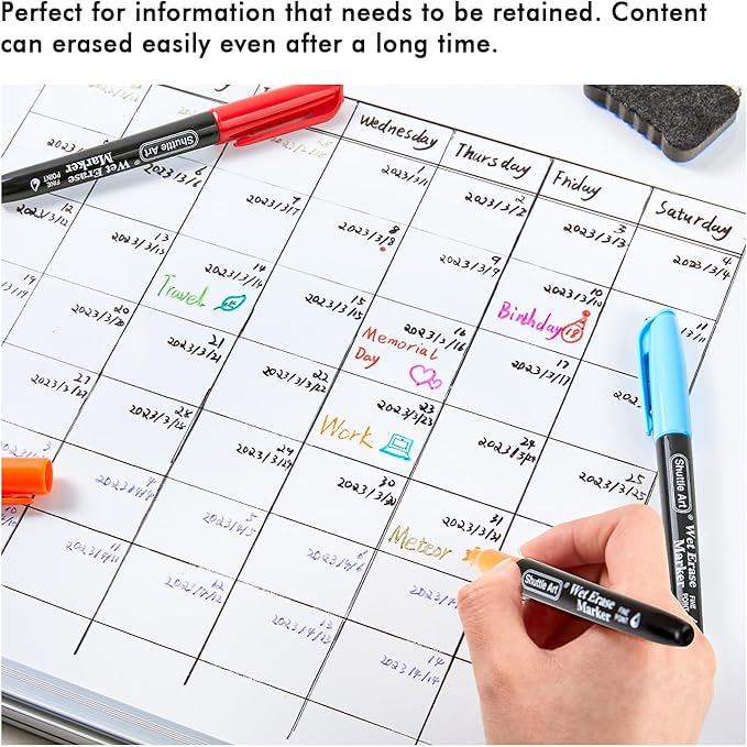 Shuttle Art Wet Erase Markers, 12 Colors 1mm Fine Tip Smudge-Free Markers, Use on Laminated Calendars,Overhead Projectors,Schedules,Whiteboards,Transparencies,Glass,Wipe with Water
