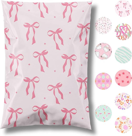 6x9 Designer Poly Mailer 100 Pack Heavy Duty Waterproof Self Seal Shipping Bags for Small Business Large Mailing Envelopes Bulk Tear Resistant Cute Packaging Pink Bows Coquette