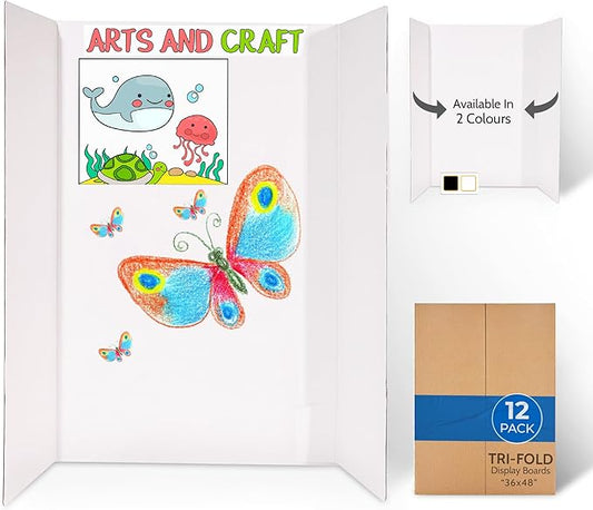 EPI Tri Fold Cardboard Display Board. Large 36 x 48in White Tri-fold Poster 12 Pack. Professional Presentation Boards with Rounded Corners for Science Fair Project, School and Business Presentations