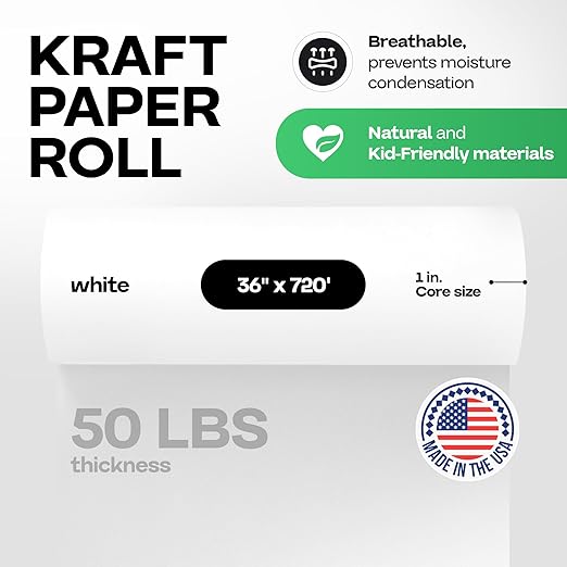 White Kraft Paper Roll 36" x 8640" (720 feet) for Packing, Moving, Shipping, Crafts - USA-Made Heavy Duty Craft Paper 50lb Thickness - 100% Recyclable Natural Kraft Wrapping Paper by IDL Packaging
