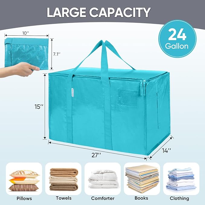 TICONN 2 Pack Extra Large Moving Bags with Zippers & Carrying Handles, Heavy-Duty Storage Tote Moving Boxes for Space Saving (2 Pack, Aqua)