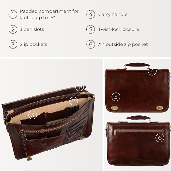 Time Resistance Leather Briefcase for Men - Italian Full Grain Leather Laptop Bag - Messenger Bag - Gift Box Included
