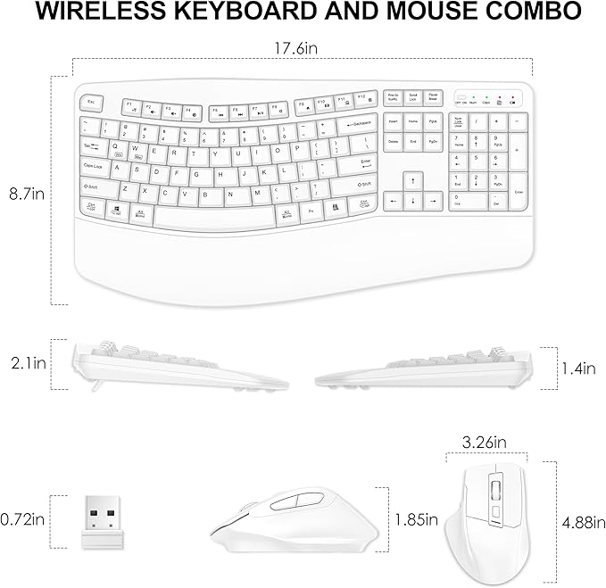 Wireless Keyboard and Mouse Combo, 2.4G Full Size Wave Keys Ergonomic Keyboard with Wrist Rest and 3-Level DPI Adjustable Wireless Ergonomic Mouse for Windows, Mac OS Desktop/Laptop/PC(White)