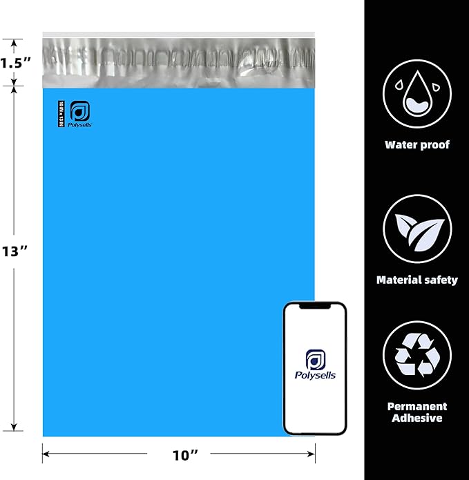 POLYSELLS 200 pcs 10x13 Inches Blue Poly Mailers Shipping Envelopes, Strong Adhesive Sealing, Waterproof, and Tear-resistant Postal Mailing Bags for Small Business, Clothes, Non-Fragile Items