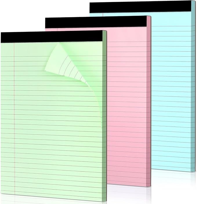 Colored Legal Pads, 3 Pack Writing Pads 8.5 x 11 inch, Micro Perforated Notebooks with Sturdy Back, Wide Ruled, 30 Sheets Per Writing Pad for School, College, Office, Professional (Blue/ Pink/Green)