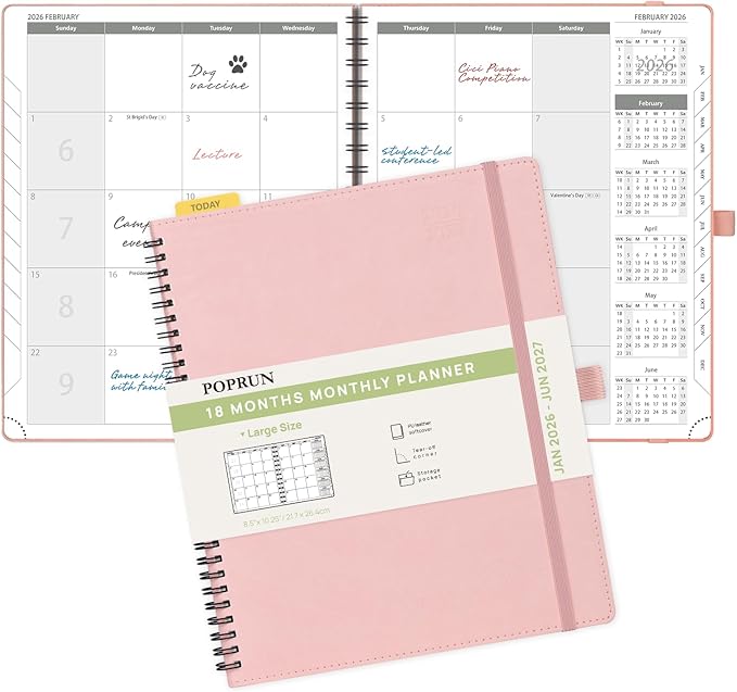 POPRUN Monthly Planner 2026-2027 (Large 8.5" x 10.5") 18 Months Calendar (Jan 2026 - Jun 2027) - 4 Pages per Month with Expense & Notes, Stair-like tabs, Leather Cover, Sunday Starts - Pink