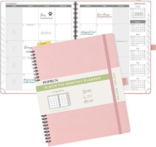 POPRUN Monthly Planner 2026-2027 (Large 8.5" x 10.5") 18 Months Calendar (Jan 2026 - Jun 2027) - 4 Pages per Month with Expense & Notes, Stair-like tabs, Leather Cover, Sunday Starts - Pink