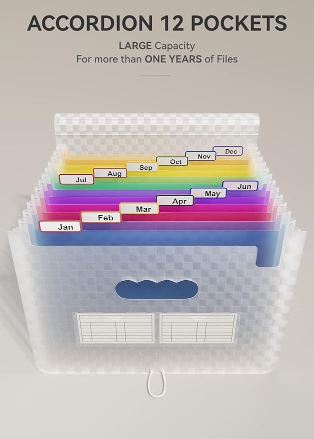 ABC life 12 Pockets Accordion File Organizer Expanding File Folders, Portable Monthly Bill Receipt Document Organizer, Expandable Accordian Filing Folder Letter A4 Size, Colored Tabs (Blue)